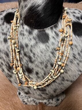 Handcrafted  vintage Multi-Strand Beaded Necklace in Cream & Tan